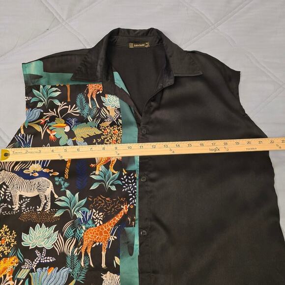 Zara Black Top L Jungle Safari Animal Print Asymmetrical Artcore Blouse SilkFeel - Picture 6 of 8